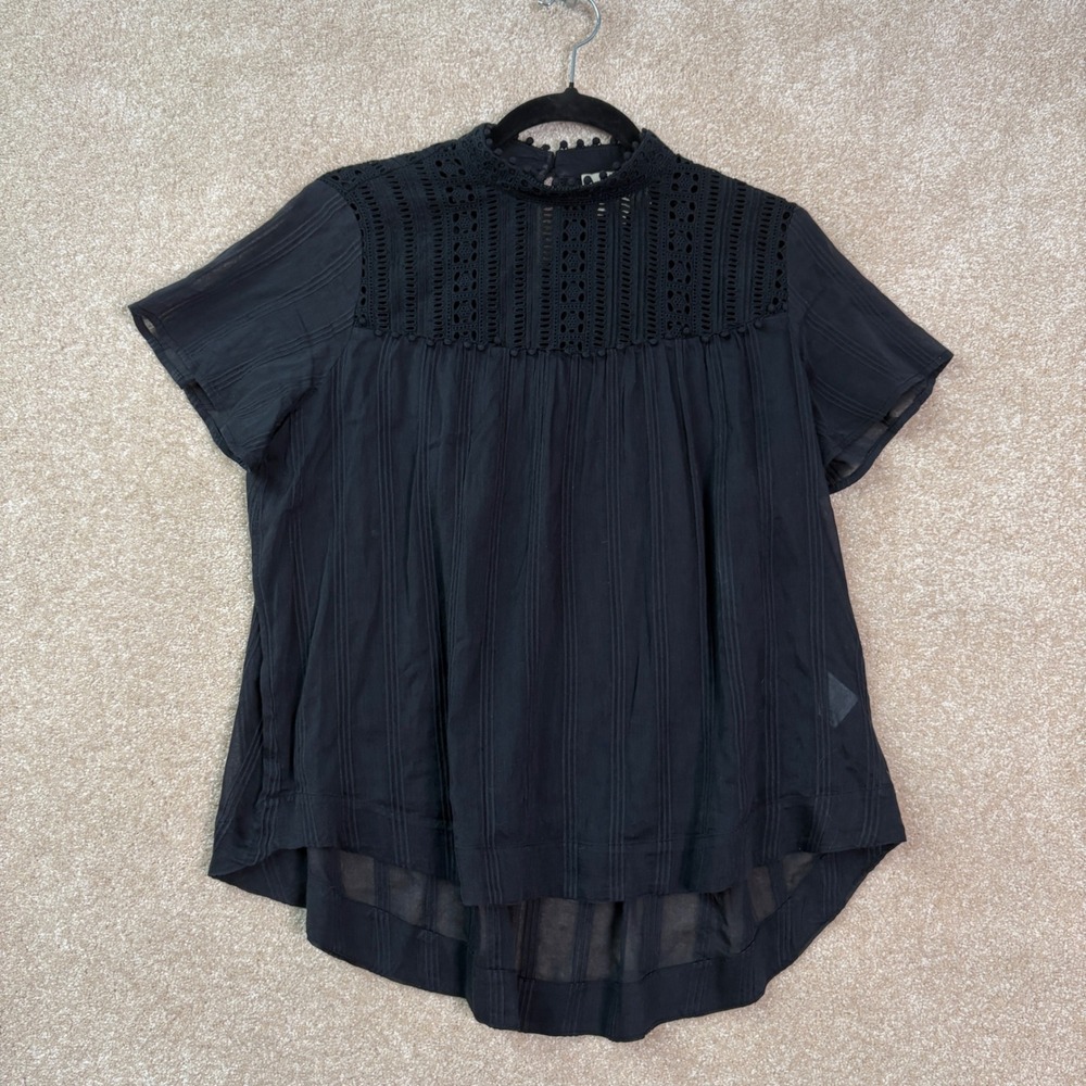 SEA NEW YORK Eyelet Peasant Blouse Womens 2 Black Silk Cotton Short Sleeve Top